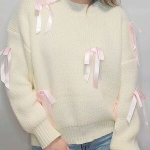 Pink Satin Ribbon Bow Detail Pullover Sweater (XS)